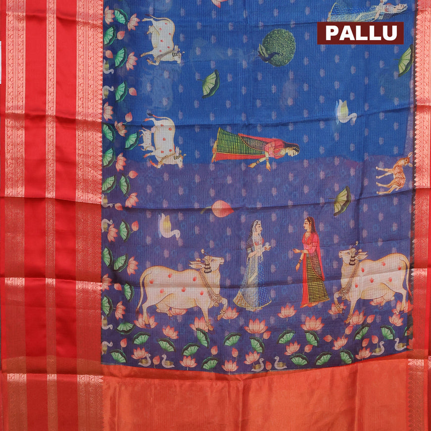 Banarasi kota saree blue and red with pichwai digital prints and long zari woven border
