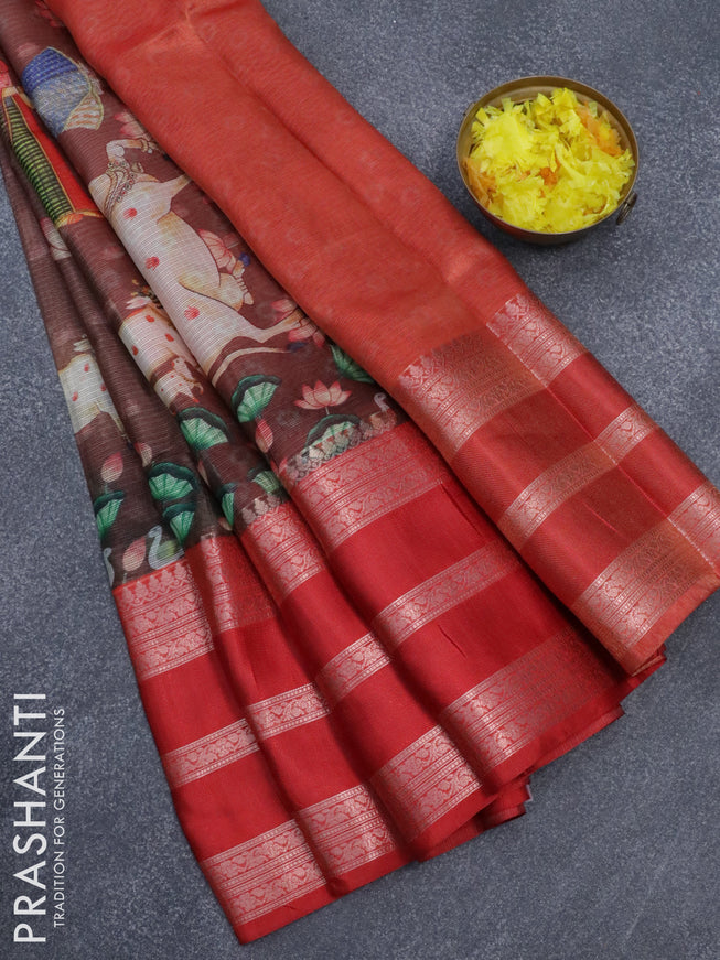 Banarasi kota saree brown and red with pichwai digital prints and long zari woven border