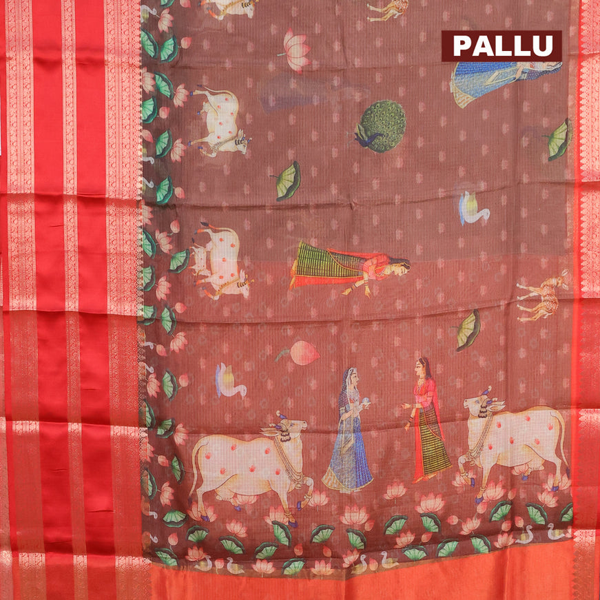 Banarasi kota saree brown and red with pichwai digital prints and long zari woven border