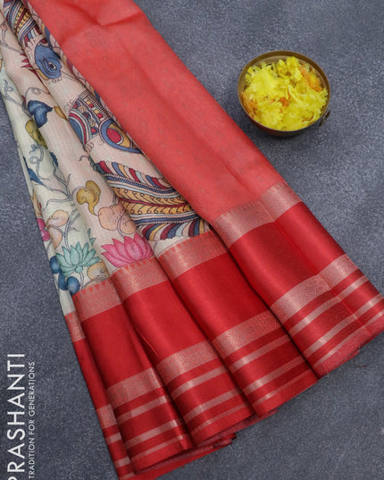 Banarasi kota saree cream and red with allover digital prints and rettapet zari woven border