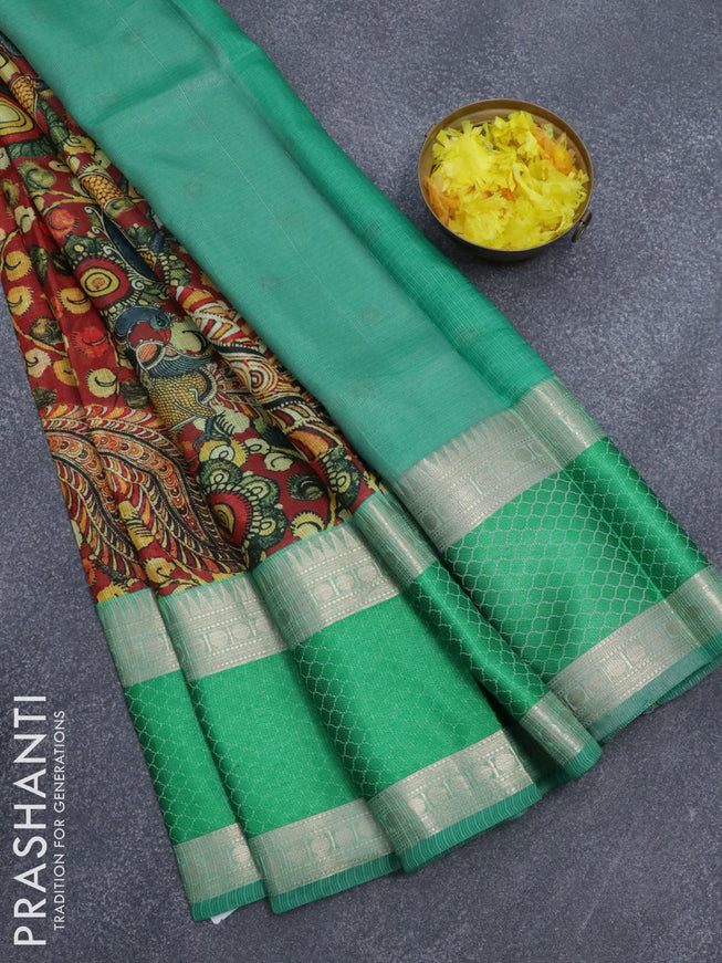 Banarasi kota saree maroon and light green with kalamkari digital prints and rettapet zari woven border