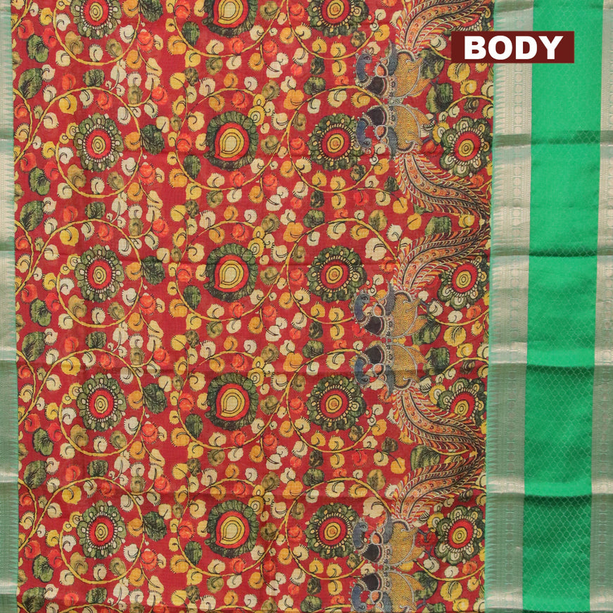 Banarasi kota saree maroon and light green with kalamkari digital prints and rettapet zari woven border
