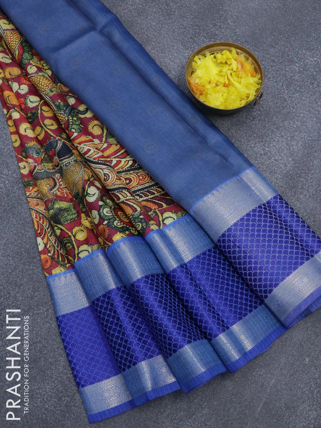 Banarasi kota saree dark pink and blue with kalamkari digital prints and rettapet silver zari woven border