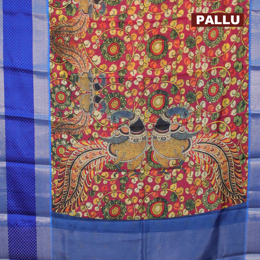Banarasi kota saree dark pink and blue with kalamkari digital prints and rettapet silver zari woven border