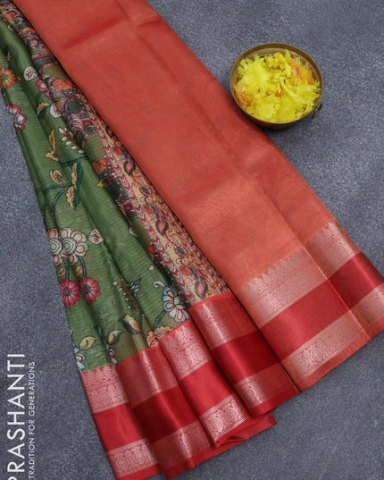 Banarasi kota saree sap green and red with kalamkari digital prints and rettapet zari woven border