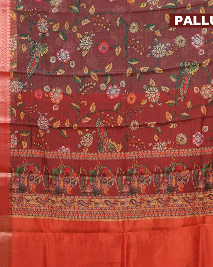 Banarasi kota saree dark brown and red with kalamkari digital prints and rettapet zari woven border