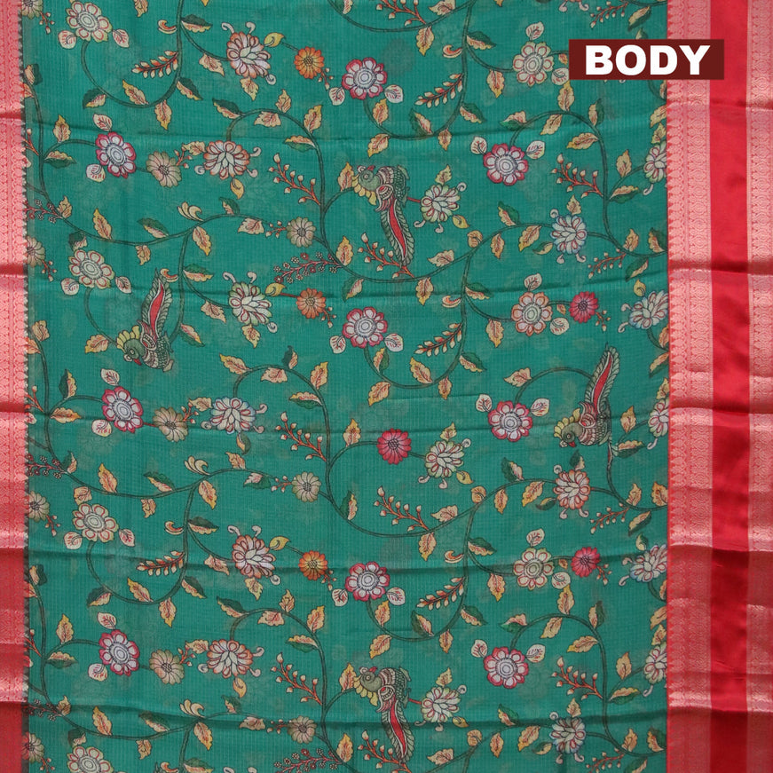 Banarasi kota saree green and red with kalamkari digital prints and rettapet zari woven border