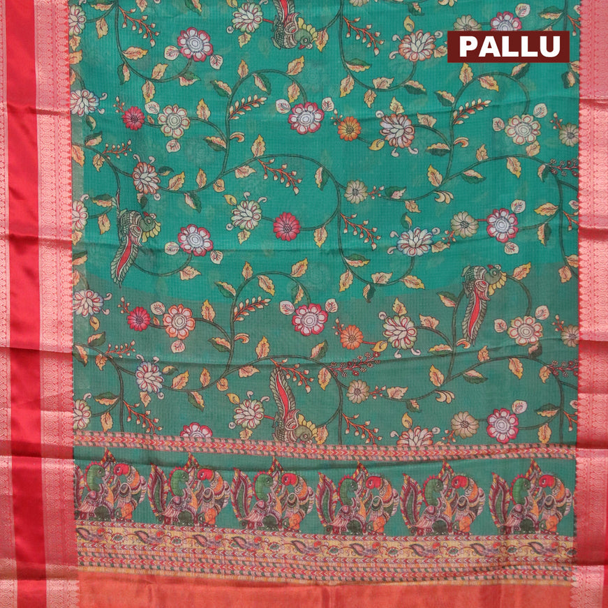 Banarasi kota saree green and red with kalamkari digital prints and rettapet zari woven border