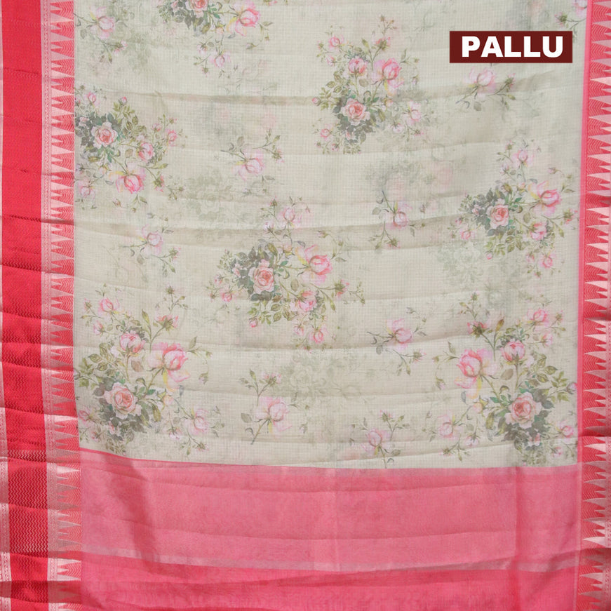 Banarasi kota saree pista green and red with allover floral digital prints and rettapet silver zari woven border