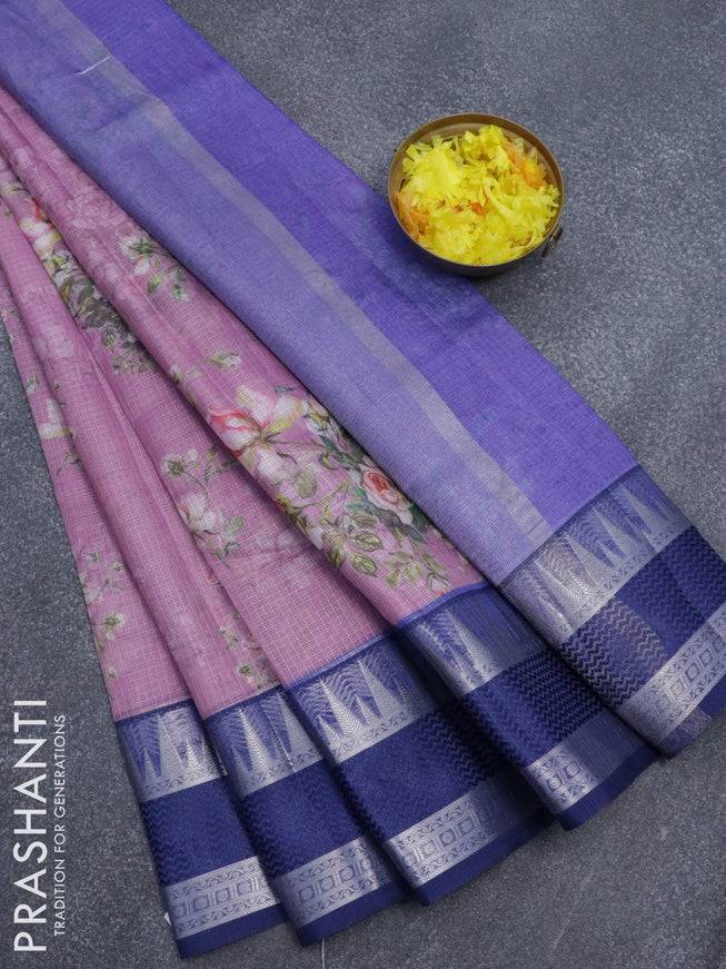 Banarasi kota saree mauve pink and blue with allover floral digital prints and rettapet silver zari woven border
