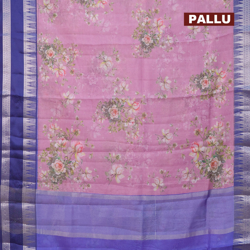 Banarasi kota saree mauve pink and blue with allover floral digital prints and rettapet silver zari woven border