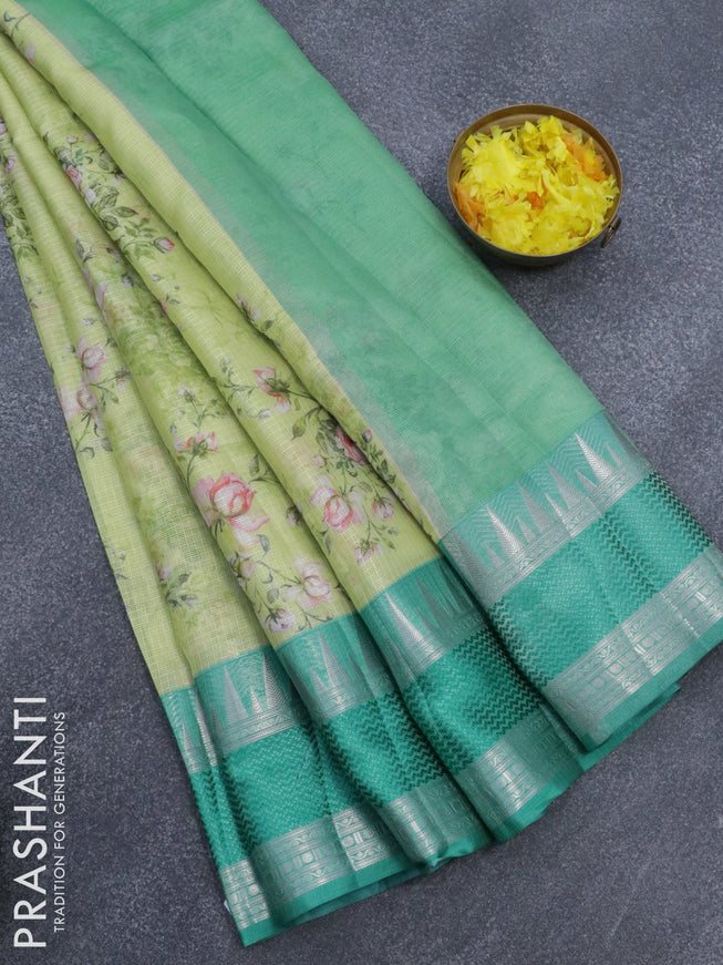 Banarasi kota saree lime yellow and teal green with allover floral digital prints and rettapet silver zari woven border