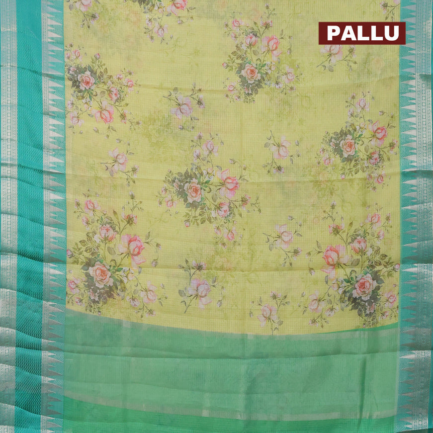 Banarasi kota saree lime yellow and teal green with allover floral digital prints and rettapet silver zari woven border
