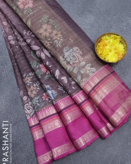 Banarasi kota saree dark brown and purple with allover digital prints & zari stripes pattern and temple design rettapet zari woven border