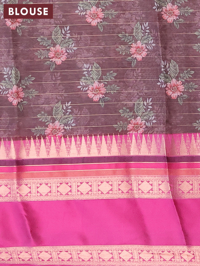 Banarasi kota saree dark brown and purple with allover digital prints & zari stripes pattern and temple design rettapet zari woven border