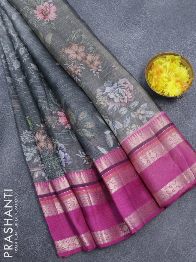 Banarasi kota saree grey and purple with allover digital prints & zari stripes pattern and temple design rettapet zari woven border