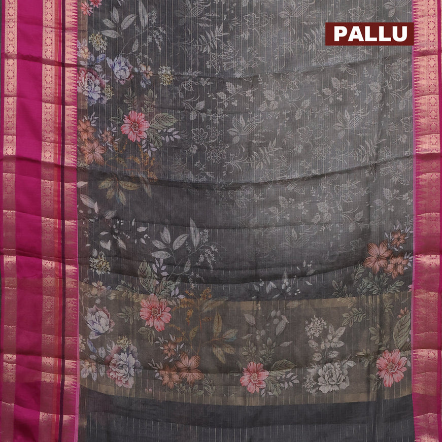 Banarasi kota saree grey and purple with allover digital prints & zari stripes pattern and temple design rettapet zari woven border