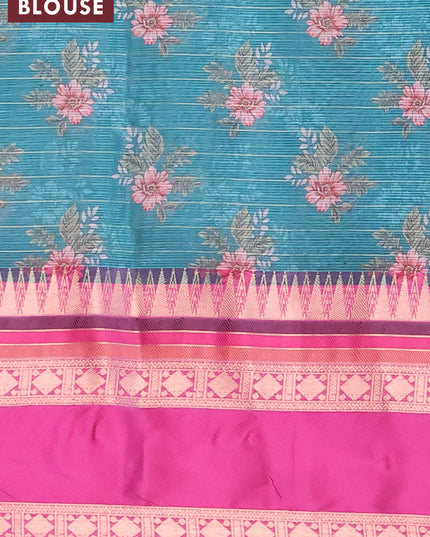 Banarasi kota saree teal green and purple with allover digital prints & zari stripes pattern and temple design rettapet zari woven border