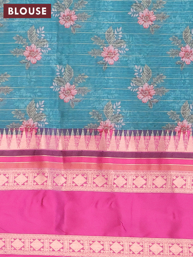Banarasi kota saree teal green and purple with allover digital prints & zari stripes pattern and temple design rettapet zari woven border
