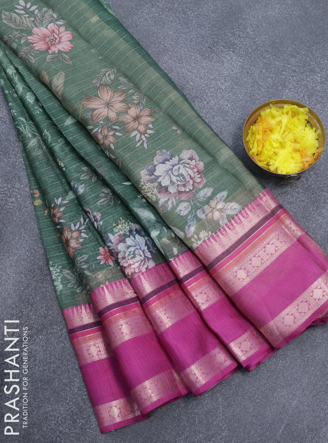 Banarasi kota saree sap green and purple with allover digital prints & zari stripes pattern and temple design rettapet zari woven border