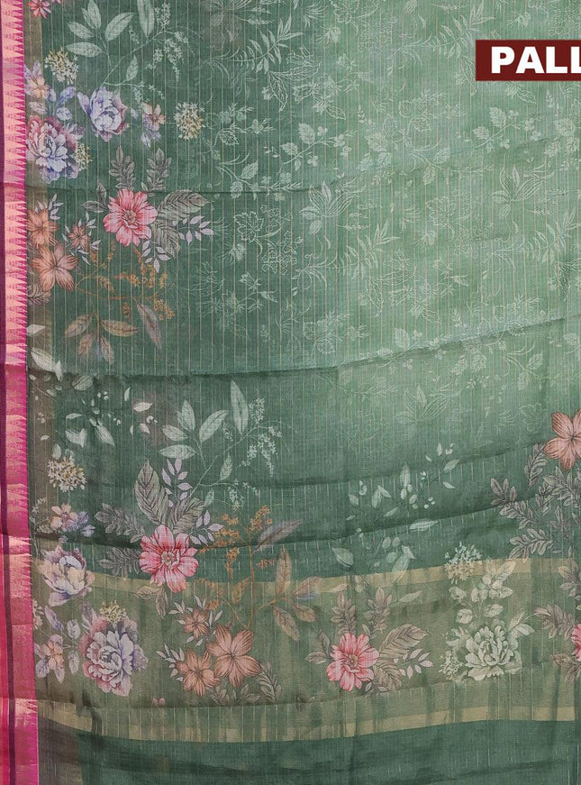 Banarasi kota saree sap green and purple with allover digital prints & zari stripes pattern and temple design rettapet zari woven border