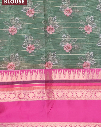 Banarasi kota saree sap green and purple with allover digital prints & zari stripes pattern and temple design rettapet zari woven border