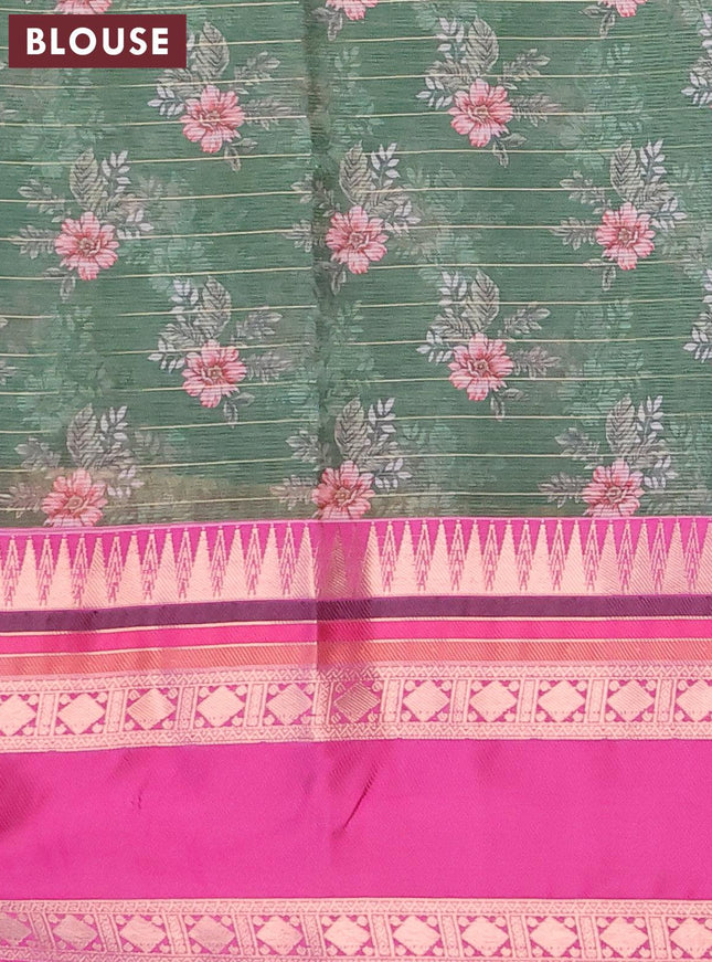 Banarasi kota saree sap green and purple with allover digital prints & zari stripes pattern and temple design rettapet zari woven border