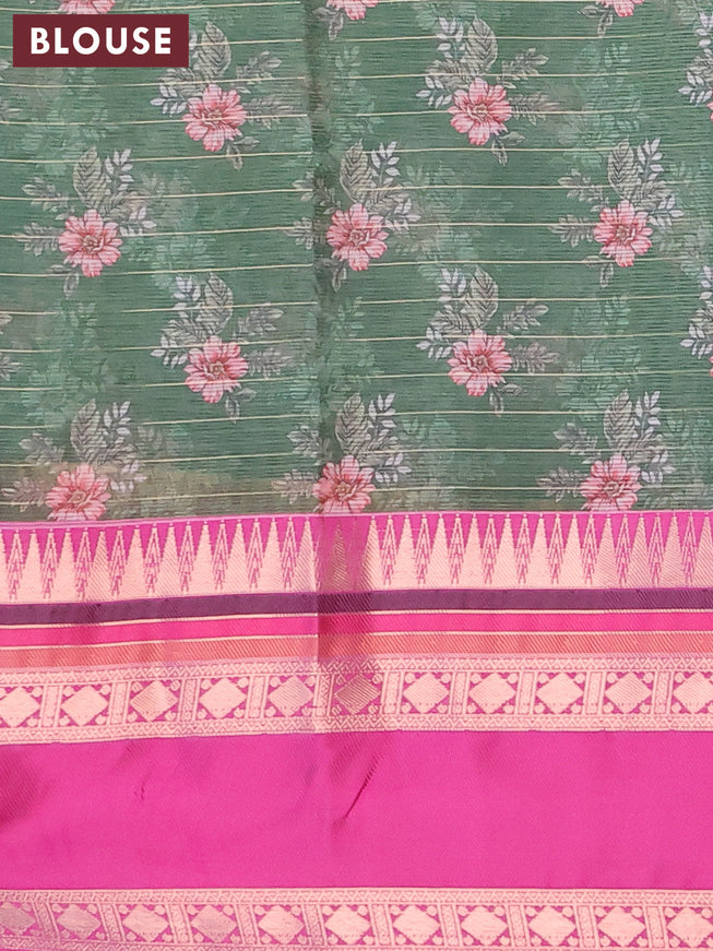 Banarasi kota saree sap green and purple with allover digital prints & zari stripes pattern and temple design rettapet zari woven border
