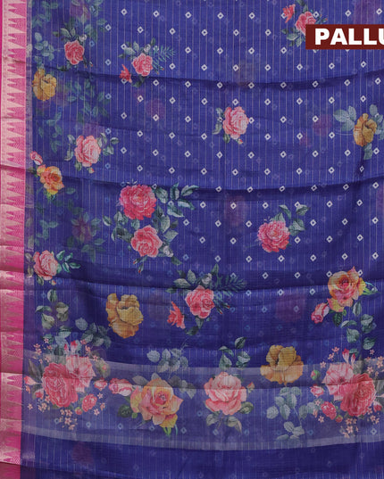 Banarasi kota saree blue and purple with floral digital prints & zari stripes pattern and temple design rettapet zari woven border