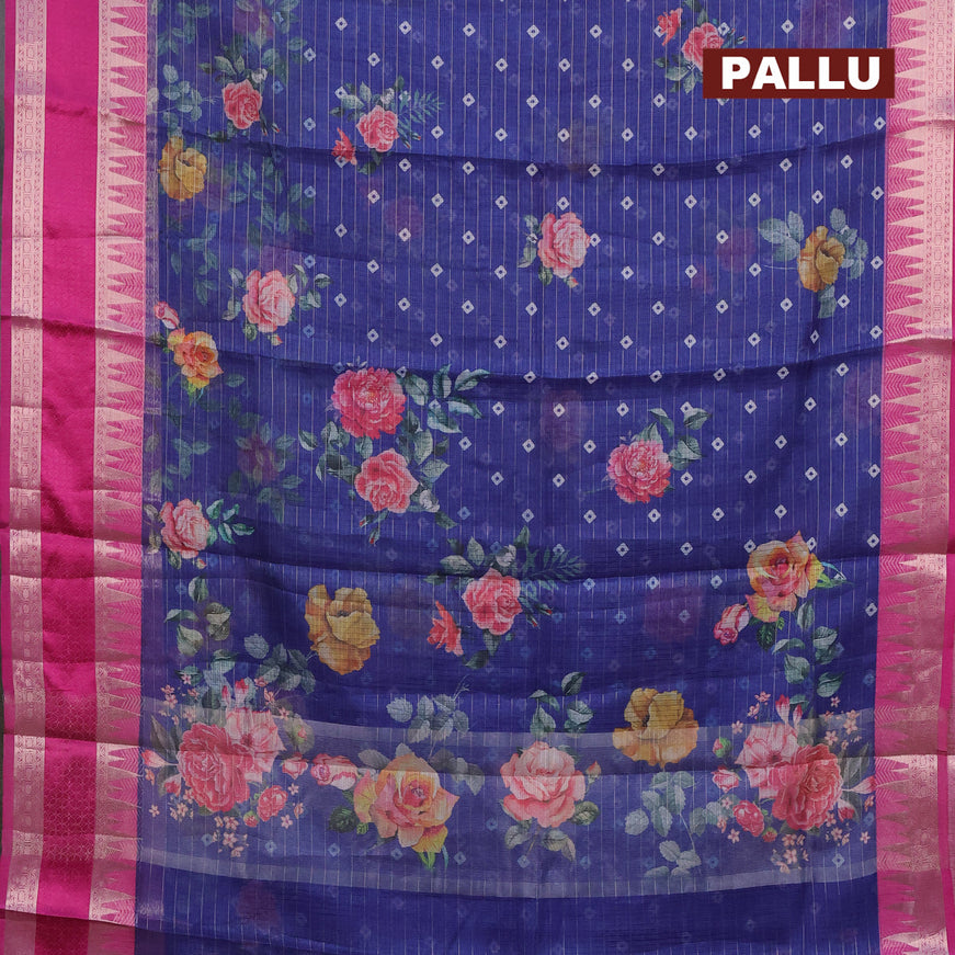 Banarasi kota saree blue and purple with floral digital prints & zari stripes pattern and temple design rettapet zari woven border