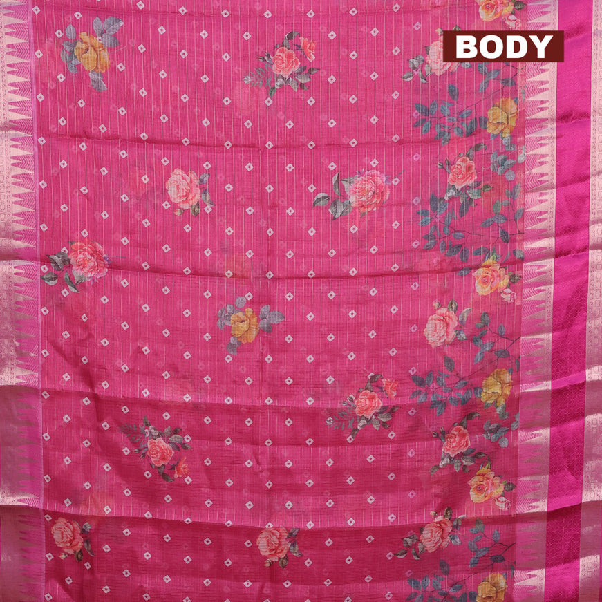 Banarasi kota saree pink and purple with floral digital prints & zari stripes pattern and temple design rettapet zari woven border