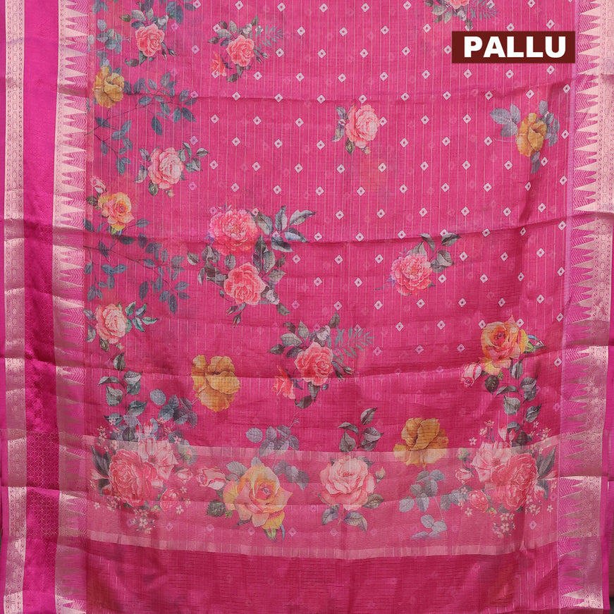 Banarasi kota saree pink and purple with floral digital prints & zari stripes pattern and temple design rettapet zari woven border