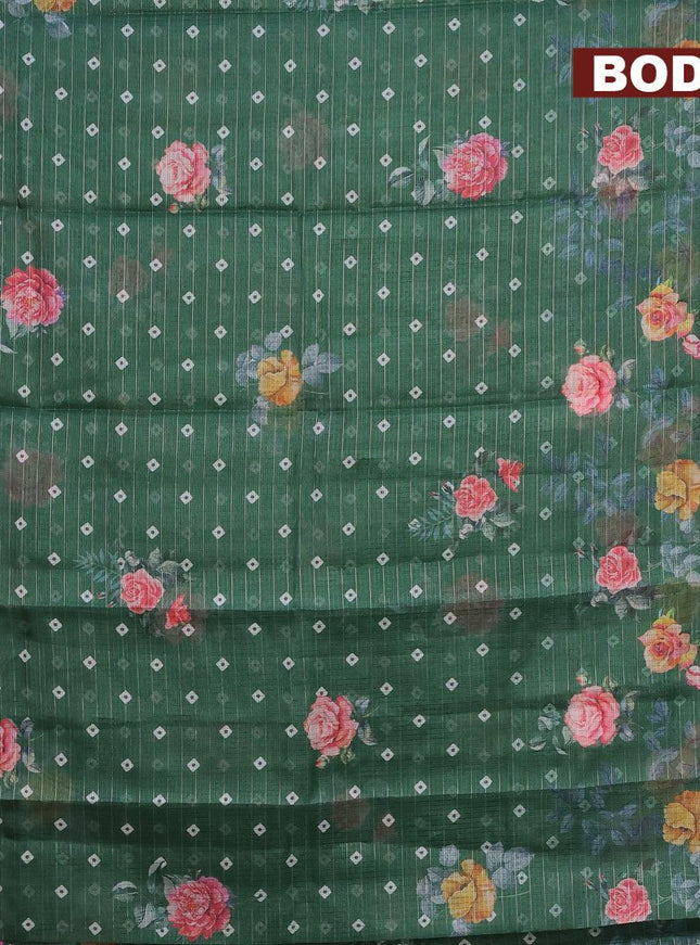 Banarasi kota saree green and purple with floral digital prints & zari stripes pattern and temple design rettapet zari woven border