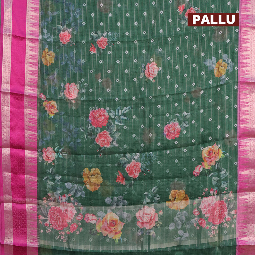 Banarasi kota saree green and purple with floral digital prints & zari stripes pattern and temple design rettapet zari woven border