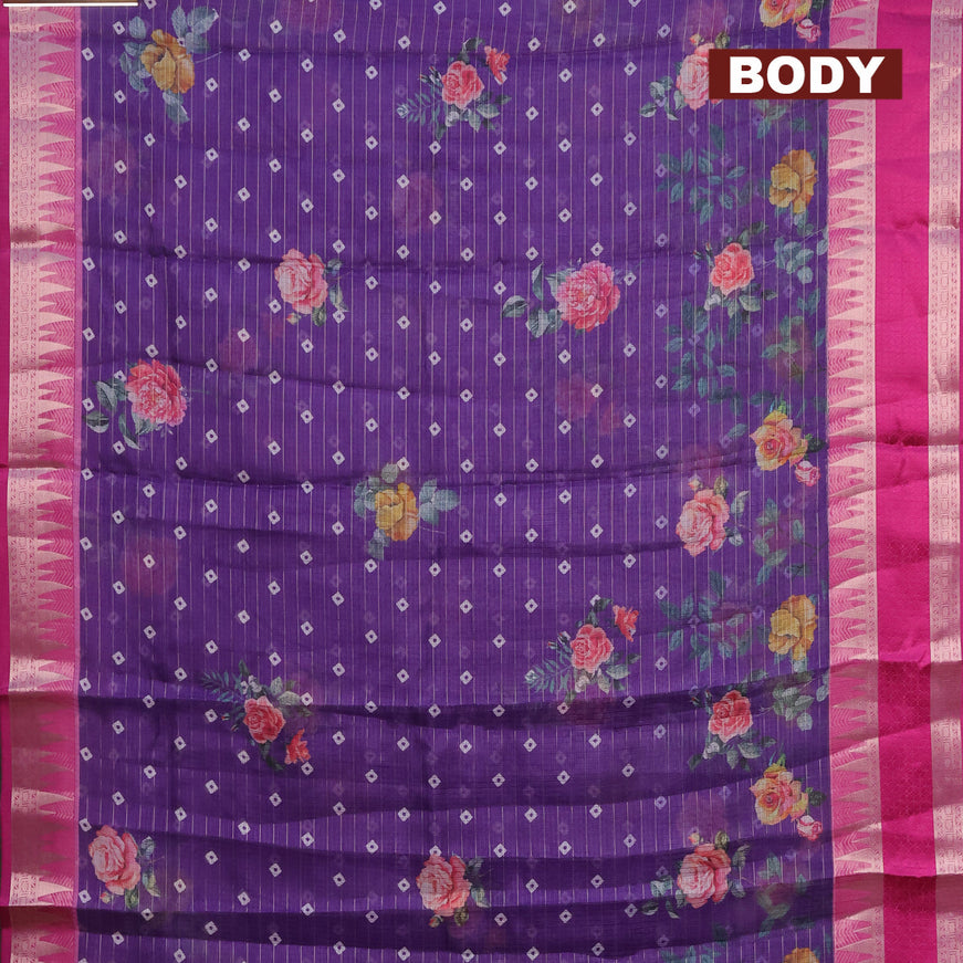 Banarasi kota saree violet and purple with floral digital prints & zari stripes pattern and temple design rettapet zari woven border
