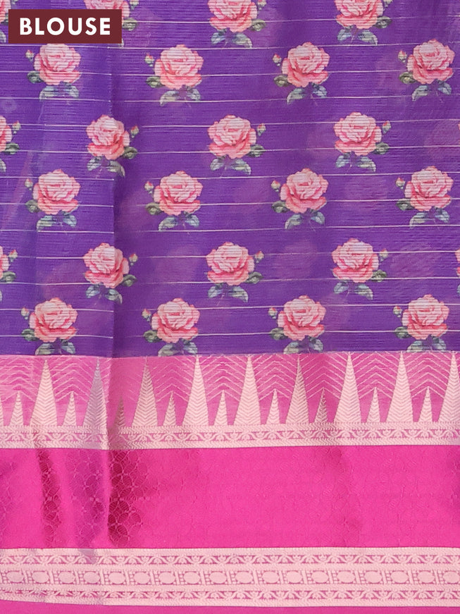 Banarasi kota saree violet and purple with floral digital prints & zari stripes pattern and temple design rettapet zari woven border