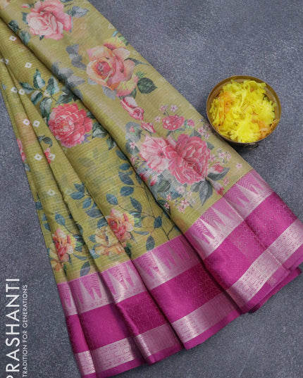 Banarasi kota saree mehendi green and purple with allover digital prints & zari stripes pattern and temple design rettapet zari woven border