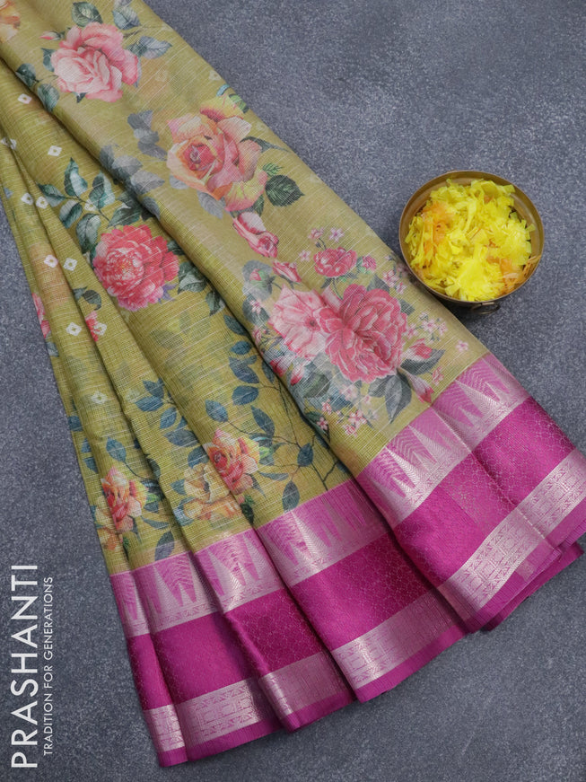 Banarasi kota saree mehendi green and purple with allover digital prints & zari stripes pattern and temple design rettapet zari woven border