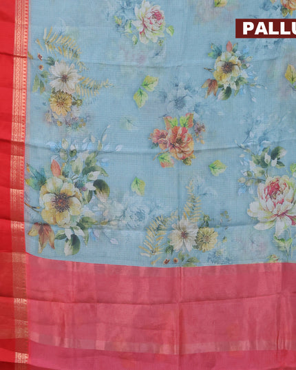 Banarasi kota saree pastel blue and red with floral digital prints and rettapet zari woven border