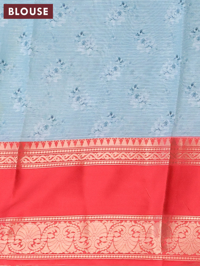 Banarasi kota saree pastel blue and red with floral digital prints and rettapet zari woven border