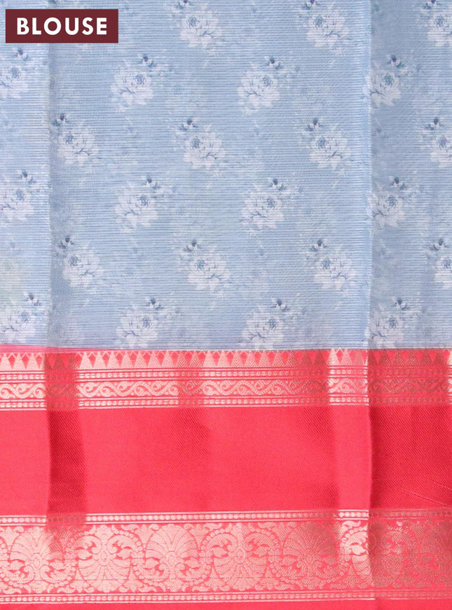 Banarasi kota saree bluish grey and red with floral digital prints and rettapet zari woven border