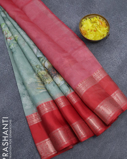 Banarasi kota saree pastel green and red with floral digital prints and rettapet zari woven border