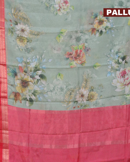 Banarasi kota saree pastel green and red with floral digital prints and rettapet zari woven border
