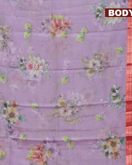 Banarasi kota saree mild purple and red with floral digital prints and rettapet zari woven border