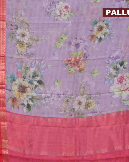 Banarasi kota saree mild purple and red with floral digital prints and rettapet zari woven border
