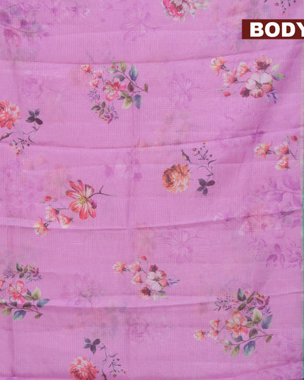 Banarasi kota saree light pink and teal green with floral digital prints and rettapet silver zari woven border