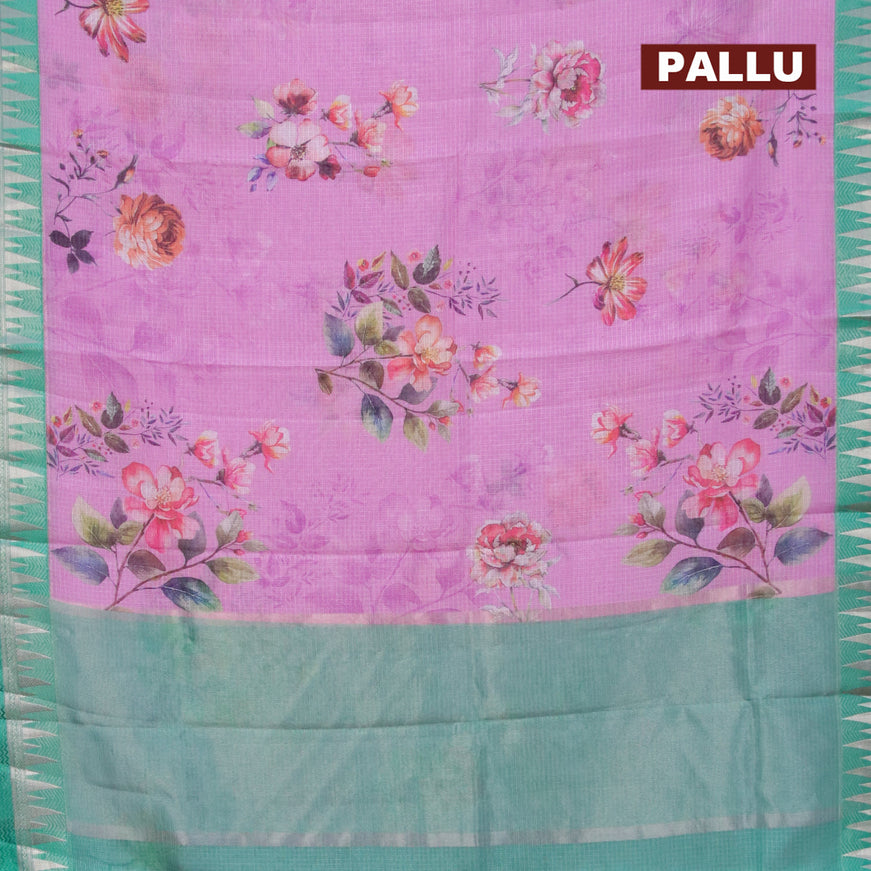 Banarasi kota saree light pink and teal green with floral digital prints and rettapet silver zari woven border