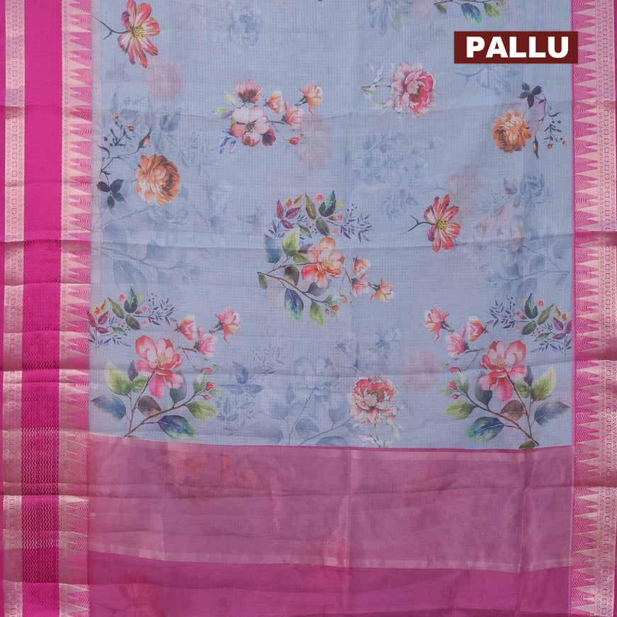 Banarasi kota saree grey and purple with floral digital prints and temple design rettapet zari woven border