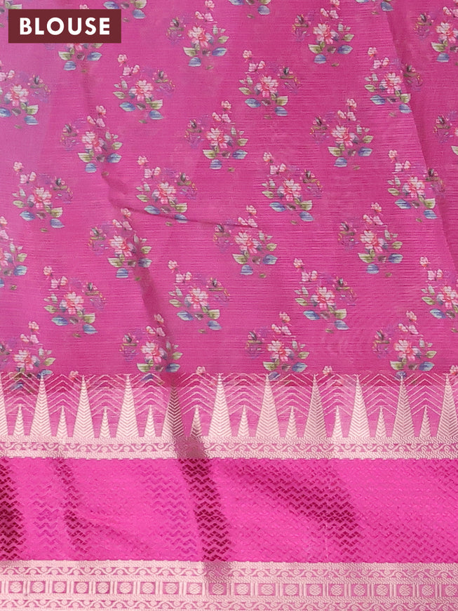 Banarasi kota saree grey and purple with floral digital prints and temple design rettapet zari woven border