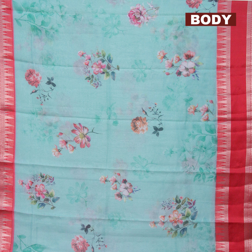Banarasi kota saree light blue and red with floral digital prints and temple design rettapet zari woven border